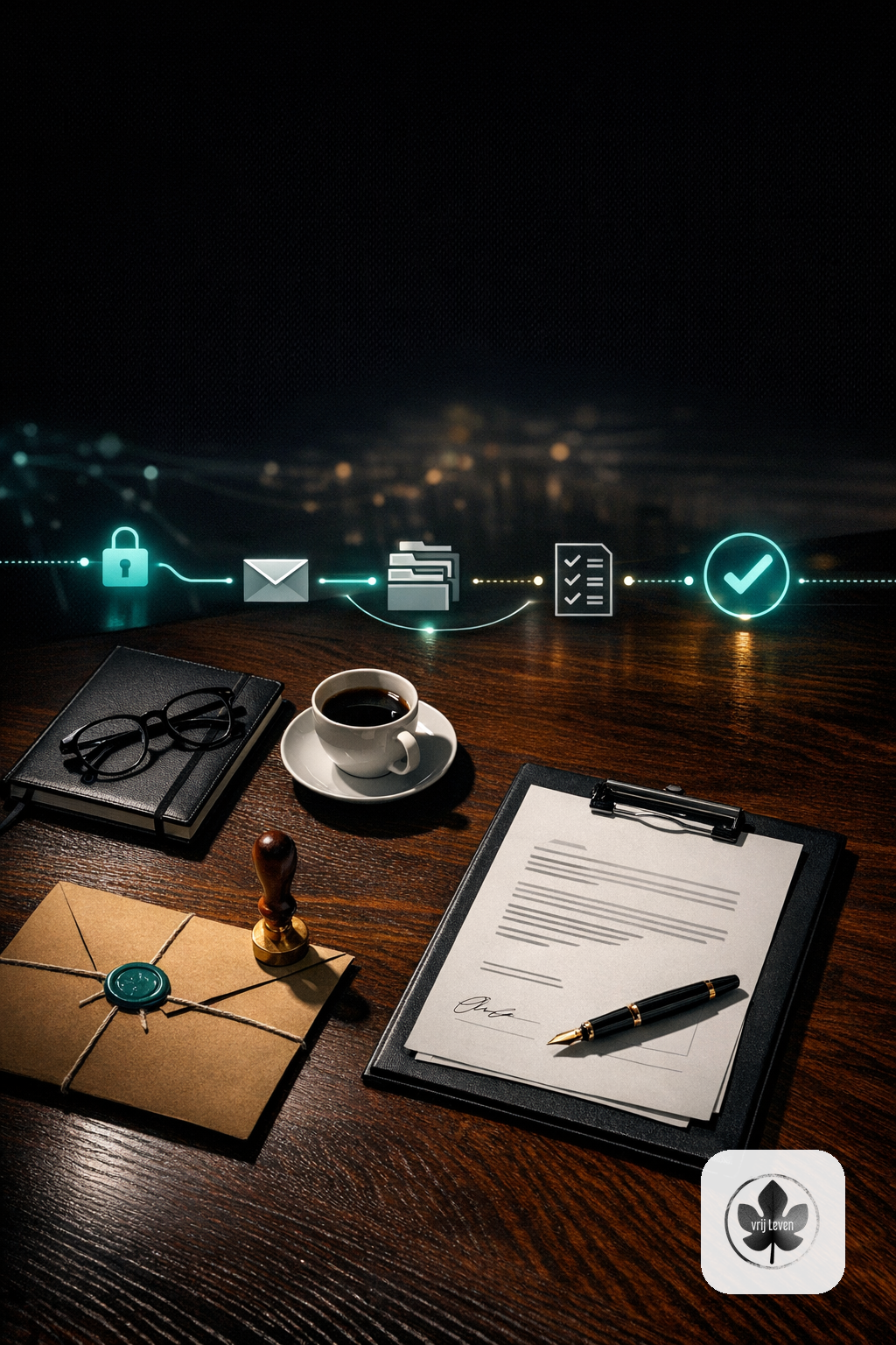 Merkbeeld voor VrijLeven: a notary or legal office where the client conversation stays human while secure portal intake, dossiers and checks are handled behind the scenes