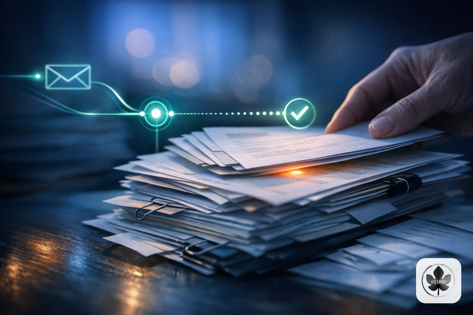 Merkbeeld voor VrijLeven: an administration office where invoices, emails and client questions arrive cleanly pre-sorted with human approval moments highlighted