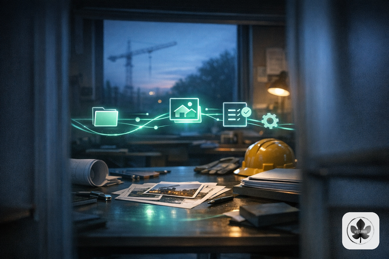 Merkbeeld voor VrijLeven: a construction or technical service planning table where requests, photos and documents are automatically structured before the team starts work