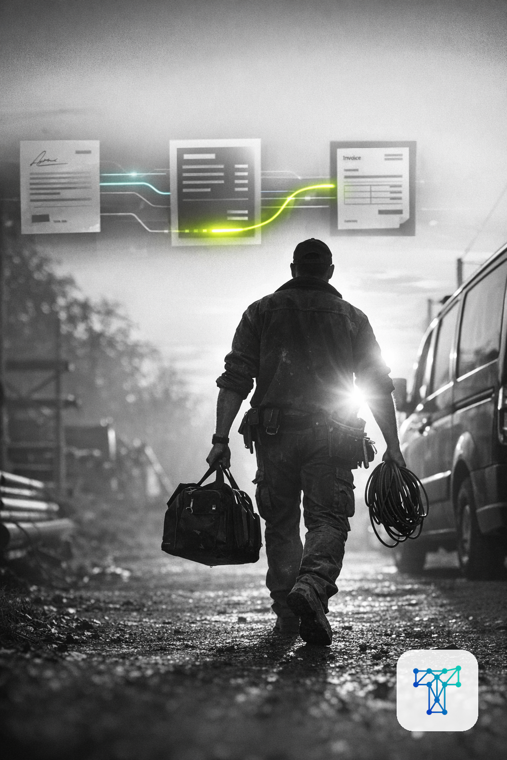 Merkbeeld voor Taklo: a vakman finishing a job while quote, signed work order and invoice move automatically through calm background panels