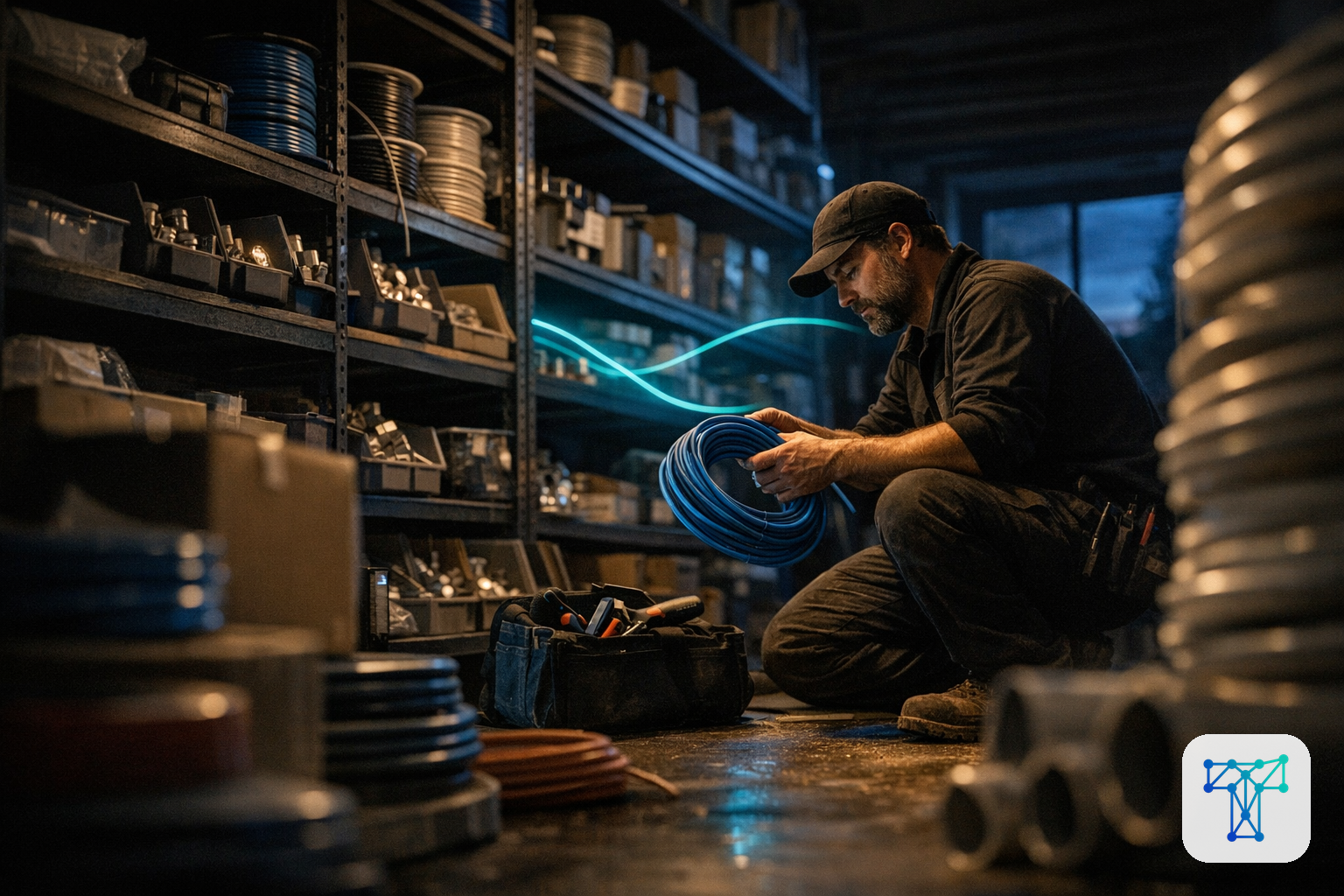 Merkbeeld voor Taklo: an installer preparing materials while work orders, stock and supplier flows are handled by an invisible back-office team