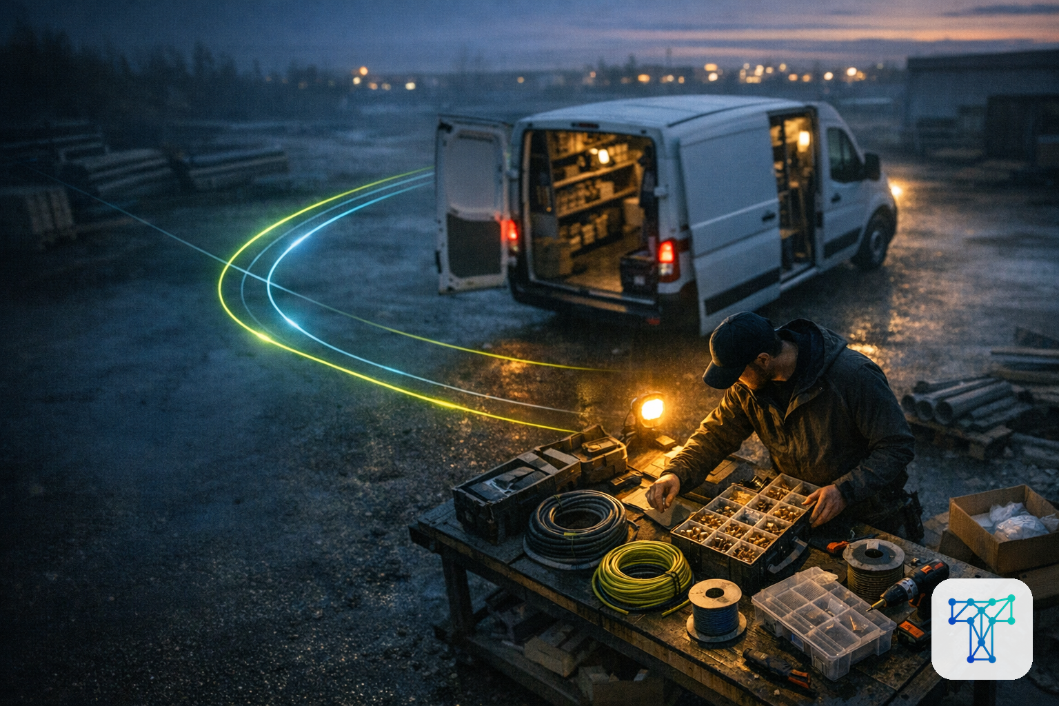 Merkbeeld voor Taklo: an installer preparing materials while work orders, stock and supplier flows are handled by an invisible back-office team