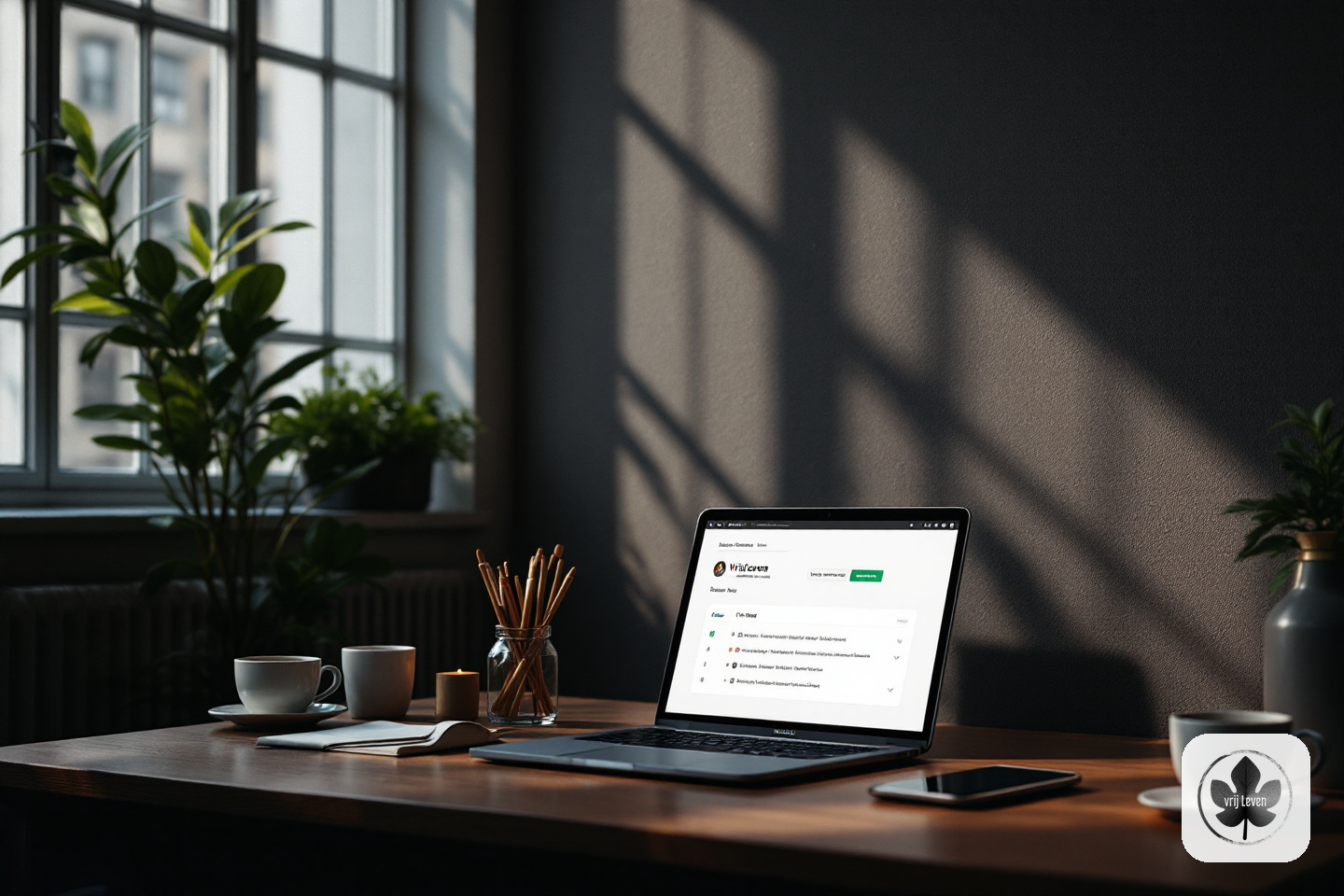 Merkbeeld voor VrijLeven: a notary or legal office where the client conversation stays human while secure portal intake, dossiers and checks are handled behind the scenes