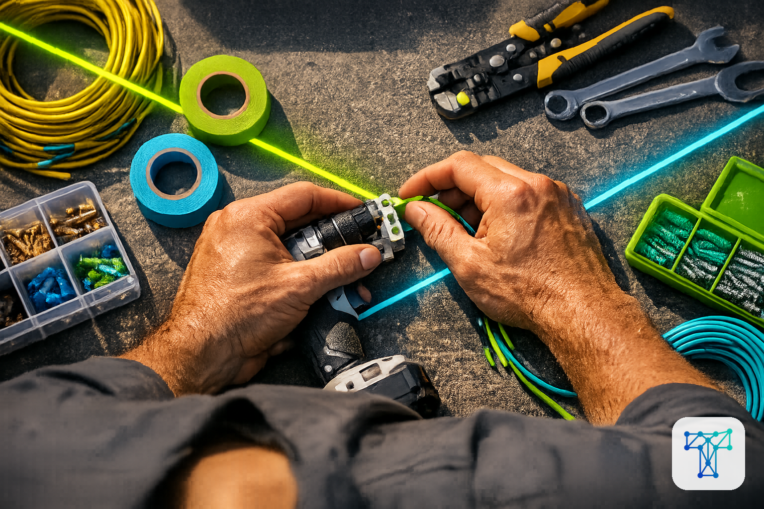 Merkbeeld voor Taklo: an installer preparing materials while work orders, stock and supplier flows are handled by an invisible back-office team