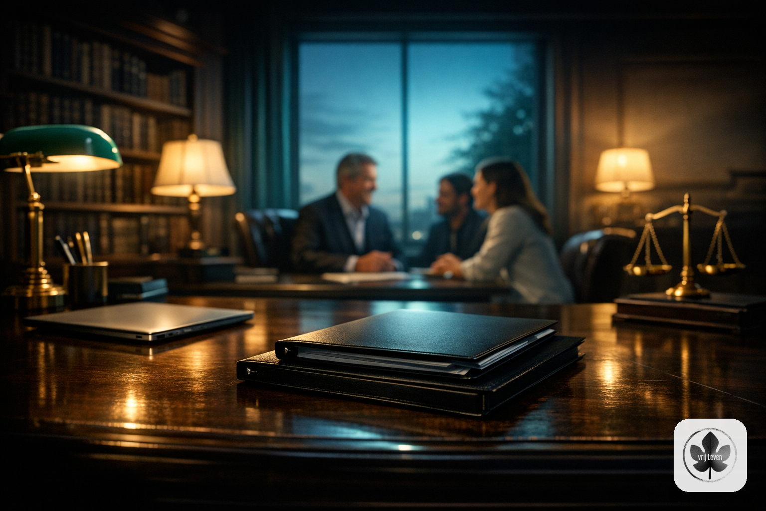 Merkbeeld voor VrijLeven: a notary or legal office where the client conversation stays human while secure portal intake, dossiers and checks are handled behind the scenes