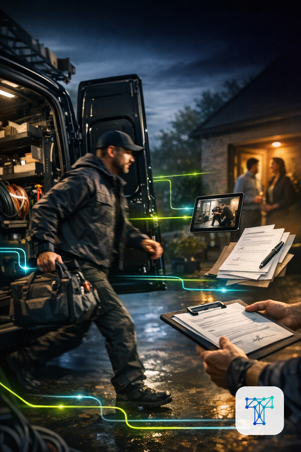 Merkbeeld voor Taklo: a service van and technician in motion while customer portal, photo proof, signed work order and invoice handoff happen automatically
