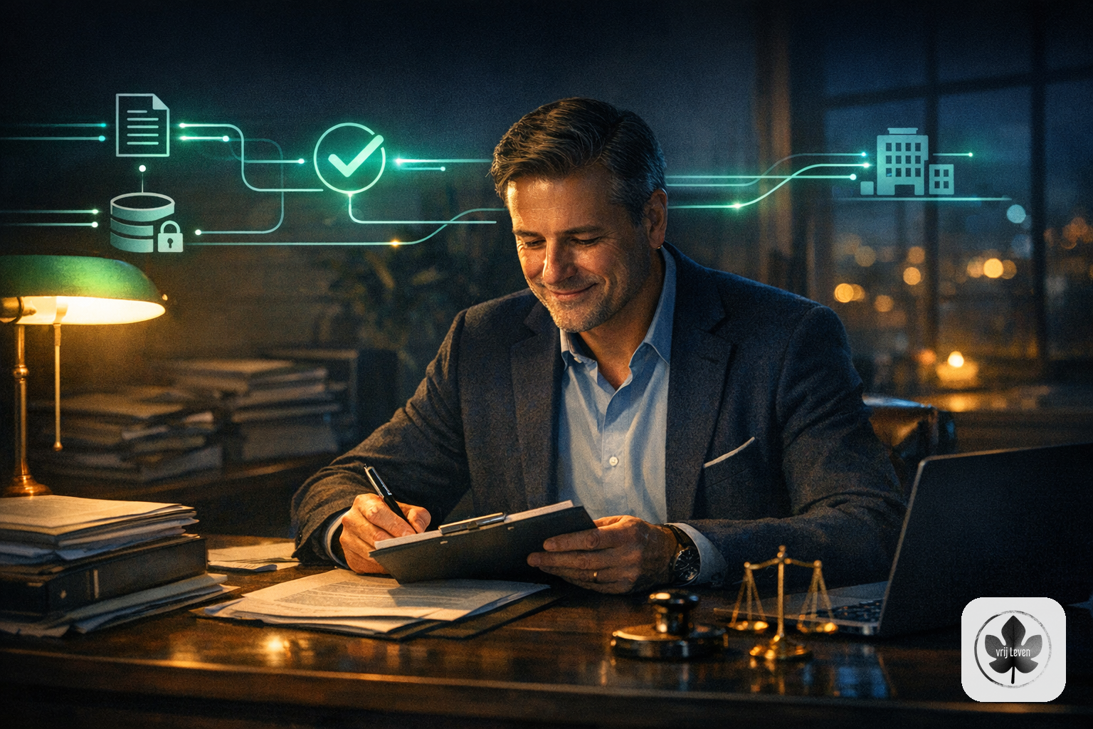 Editoriale visual voor VrijLeven: Subsidie digitalisering: De valkuil van 'gratis geld' en hoe je écht automatiseert in het MKB