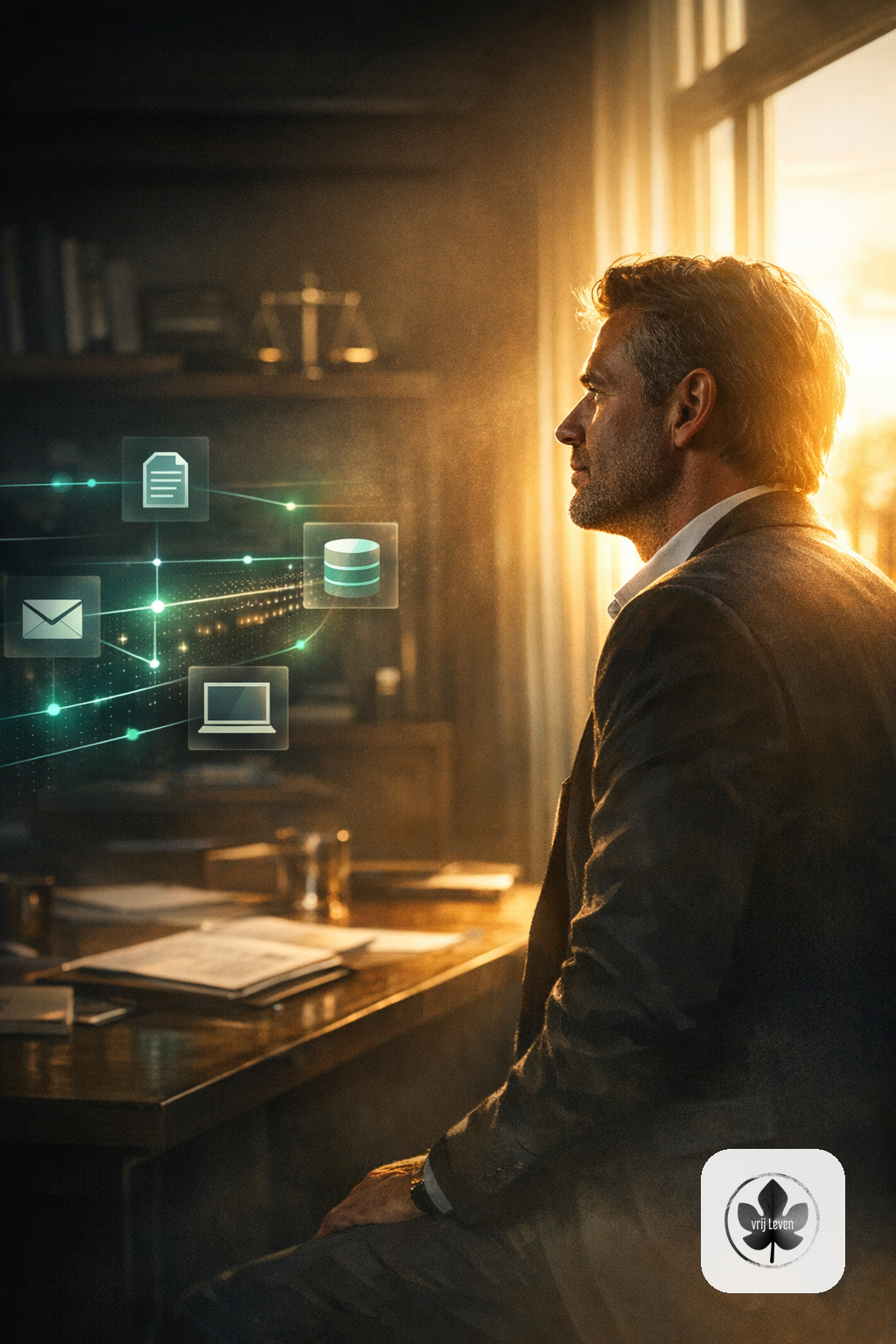 Merkbeeld voor VrijLeven: smart integrations across APIs, portals, inboxes and knowledge bases shown as calm infrastructure that opens up hidden business data
