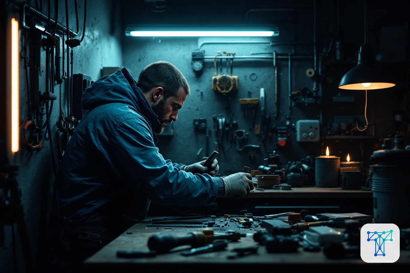 Merkbeeld voor Taklo: an installer preparing materials while work orders, stock and supplier flows are handled by an invisible back-office team