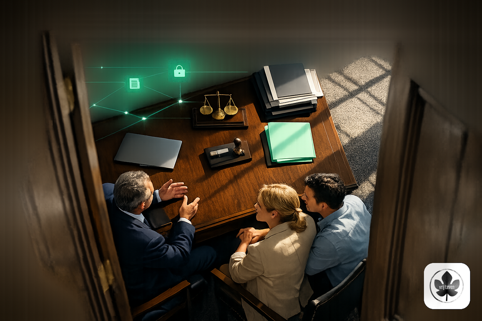 Merkbeeld voor VrijLeven: a notary or legal office where the client conversation stays human while secure portal intake, dossiers and checks are handled behind the scenes