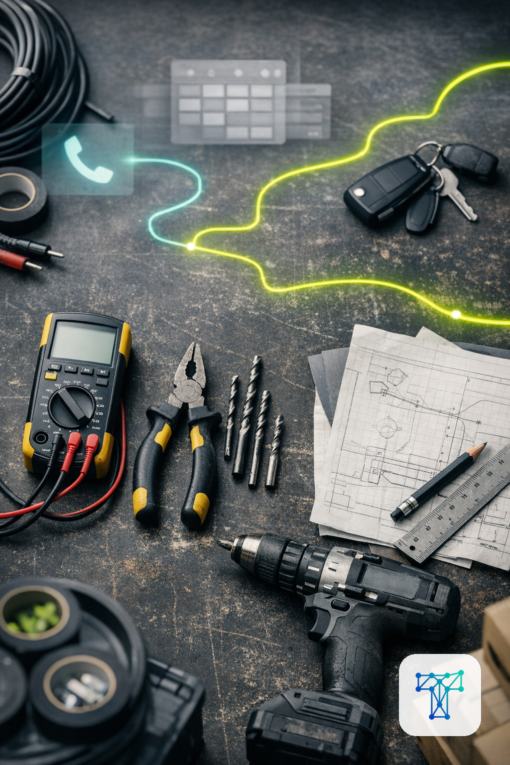 Merkbeeld voor Taklo: a mechanic focused on real installation work while Taklo quietly handles incoming calls, messages and route planning as background layers