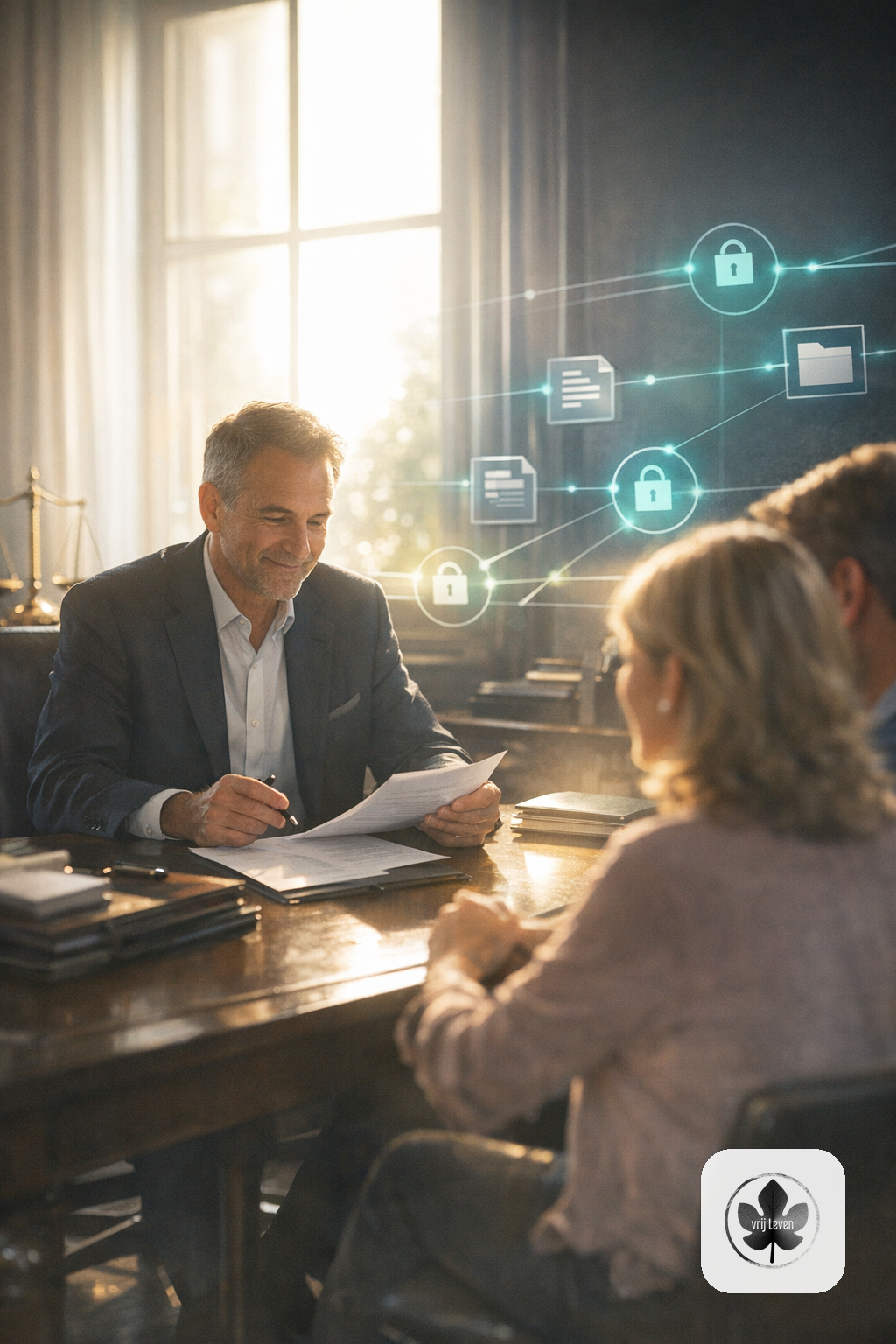 Merkbeeld voor VrijLeven: a notary or legal office where the client conversation stays human while secure portal intake, dossiers and checks are handled behind the scenes