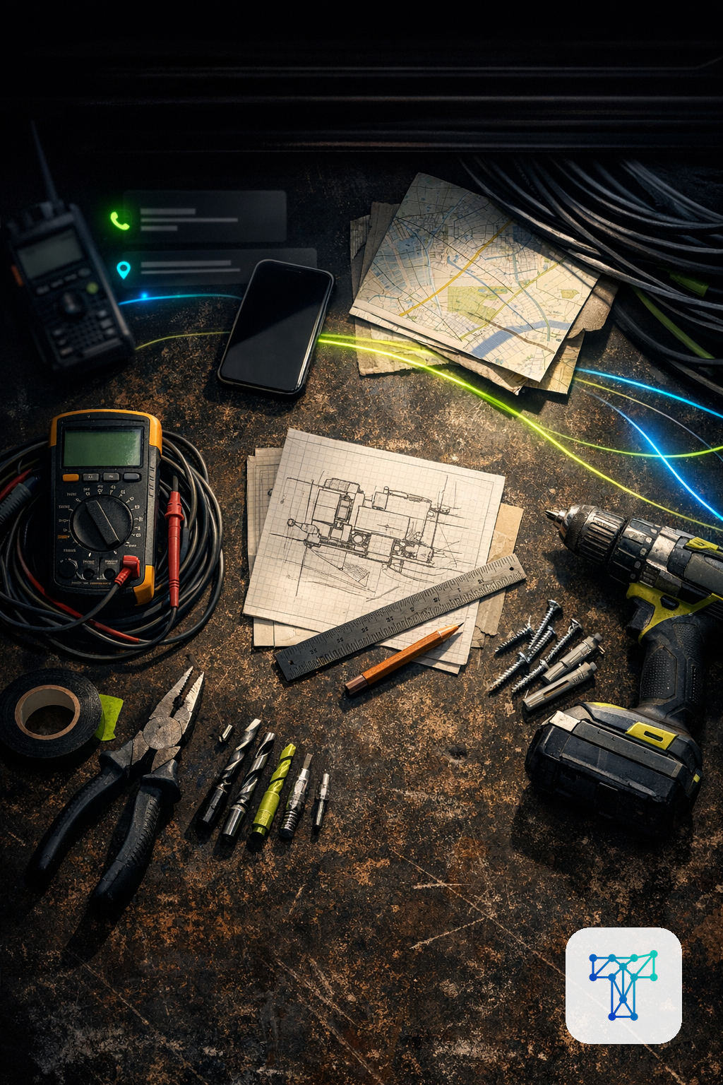 Merkbeeld voor Taklo: a mechanic focused on real installation work while Taklo quietly handles incoming calls, messages and route planning as background layers