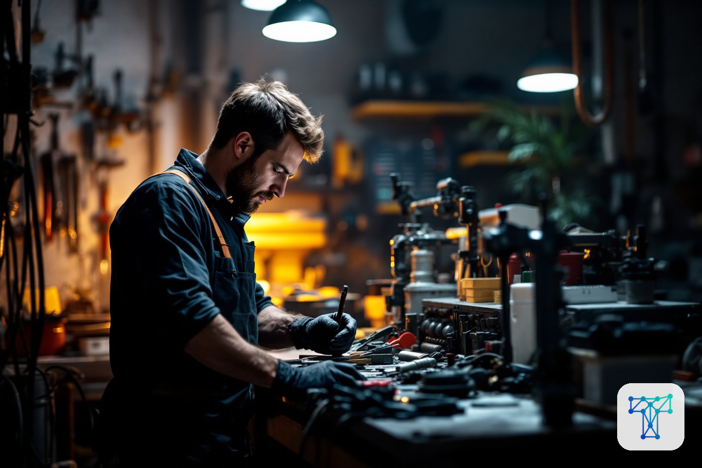 Merkbeeld voor Taklo: an installer preparing materials while work orders, stock and supplier flows are handled by an invisible back-office team