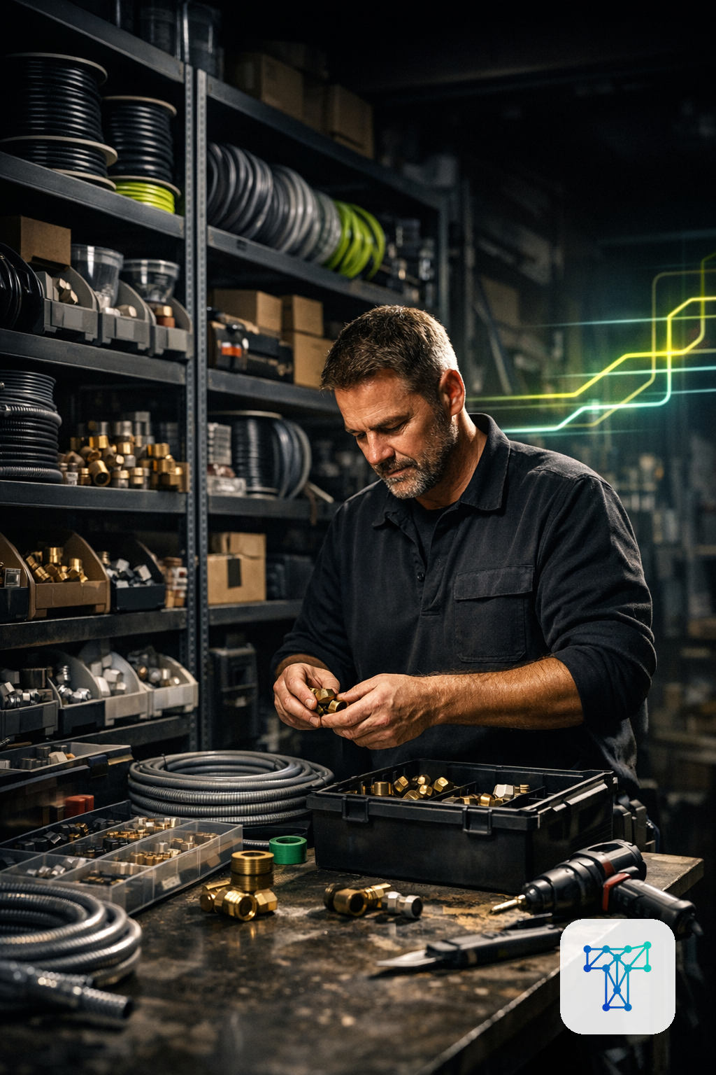 Merkbeeld voor Taklo: an installer preparing materials while work orders, stock and supplier flows are handled by an invisible back-office team
