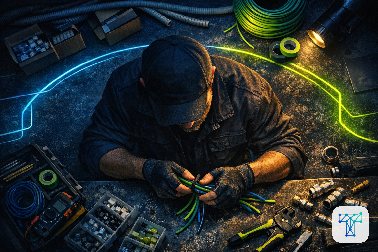 Merkbeeld voor Taklo: an installer preparing materials while work orders, stock and supplier flows are handled by an invisible back-office team