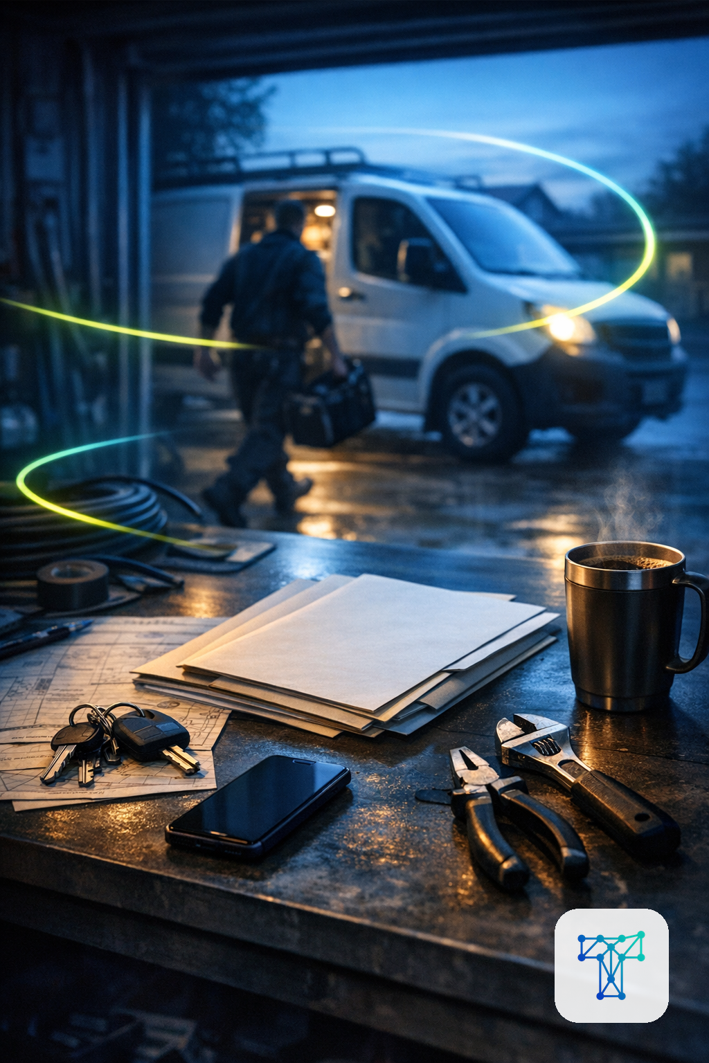 Merkbeeld voor Taklo: a service van and technician in motion while customer portal, photo proof, signed work order and invoice handoff happen automatically