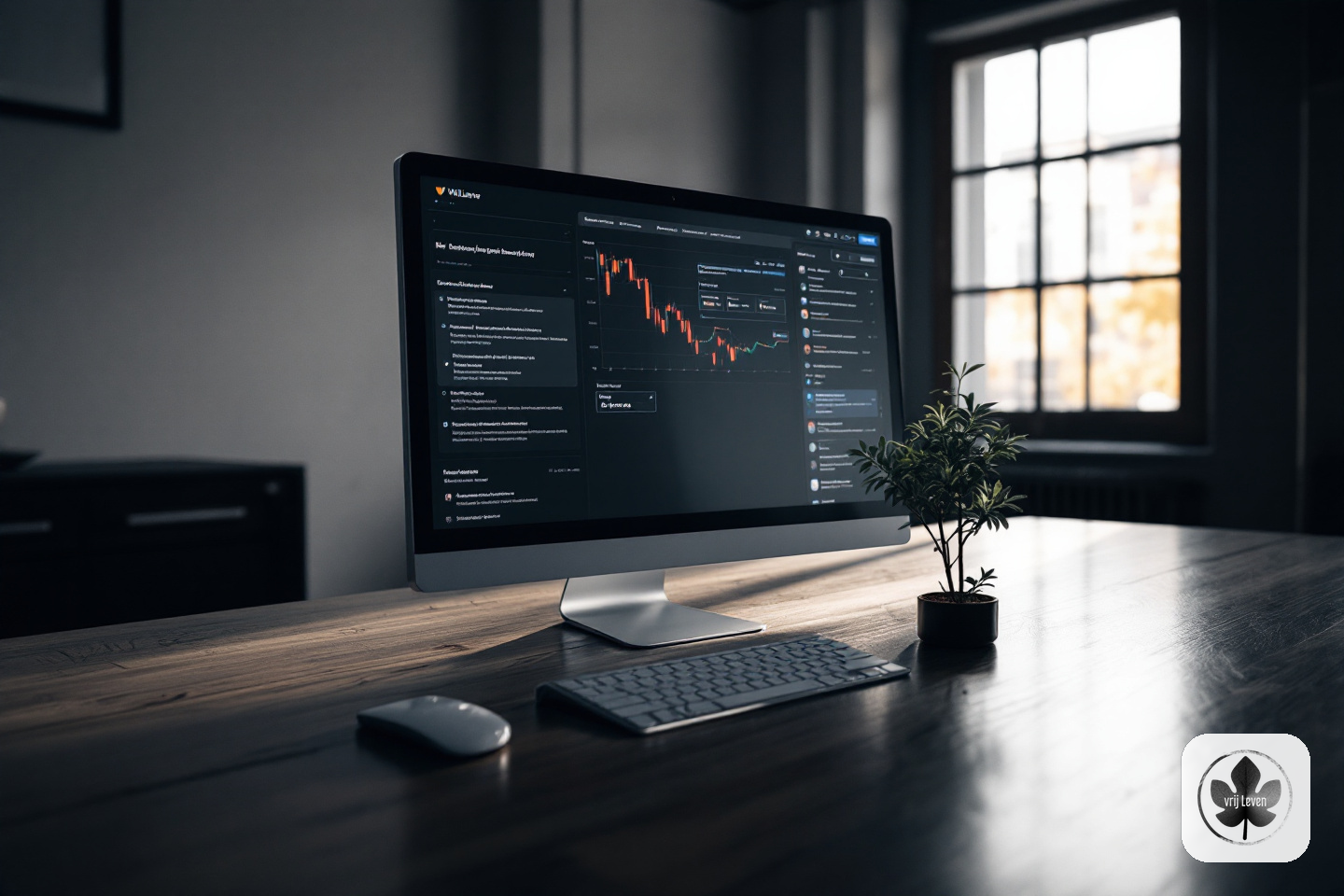 Merkbeeld voor VrijLeven: an administration office where invoices, emails and client questions arrive cleanly pre-sorted with human approval moments highlighted